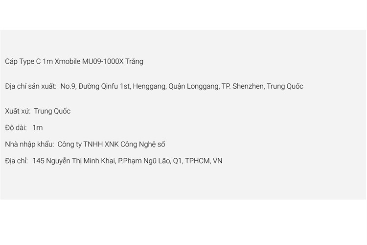 Cáp Type C 1m Xmobile MU09-1000X Màu Trắng