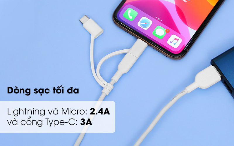 Tốc độ sạc nhanh với mức sạc tối đa của cổng Lightning và Micro Là 2.4A và Type-C là 3A - Cáp 3 đầu Lightning Type C Micro 0.9m Anker A8436 Trắng