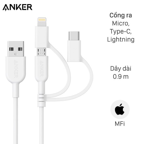 Cáp 3 đầu Lightning Type C Micro 0.9m Anker Powerline II A8436 Trắng