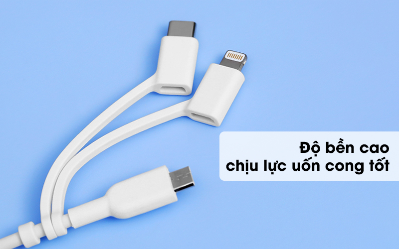 Độ bền cao, chịu lực bẻ cong tốt - Cáp 3 đầu Lightning Type C Micro 0.9m Anker A8436 Trắng