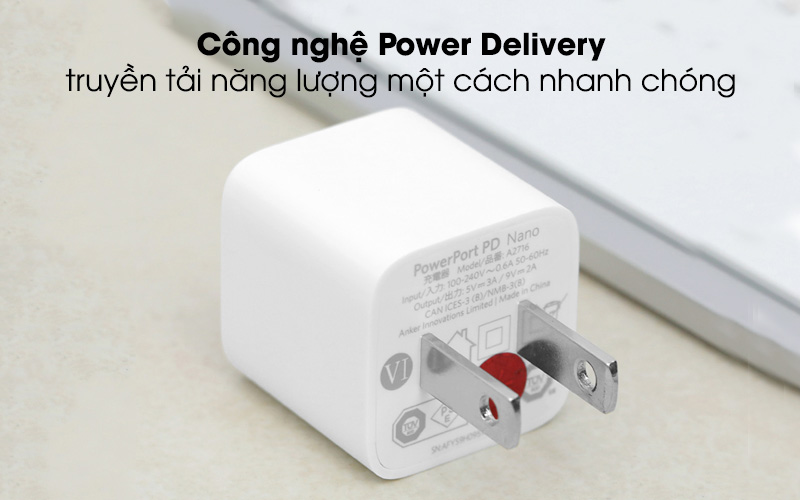 Công nghệ Power Delivery truyền tải năng lượng một cách nhanh chóng - Adapter sạc Type C PD 18W Anker A2716 Trắng