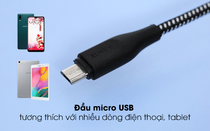 Đầu micro USB  tương thích với nhiều dòng điện thoại, tablet - Cáp Micro USB 1.2m Aukey CB-AM1 Đen Trắng