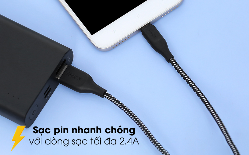 Sạc pin nhanh chóng với dòng sạc tối đa 2.4A - Cáp Micro USB 1.2m Aukey CB-AM1 Đen Trắng