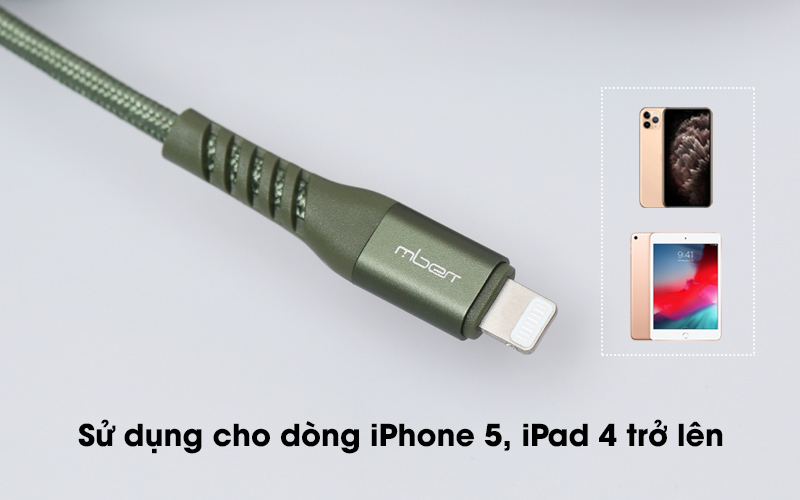 Sử dụng cho dòng iPhone 5, iPad 4 trở lên - Cáp Type C - Lightning MFI 2m Mbest DS948-WB Xanh Rêu