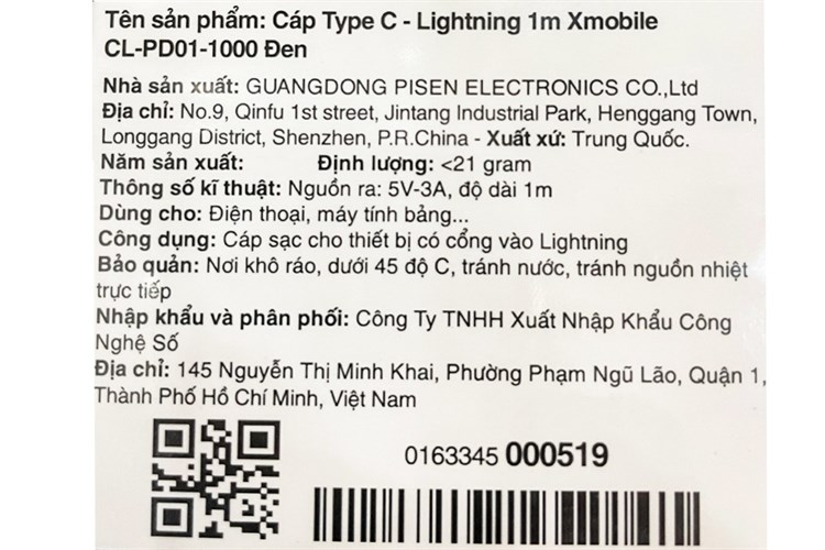 Cáp Type C - Lightning 1m Xmobile CL-PD01-1000 Màu Đen