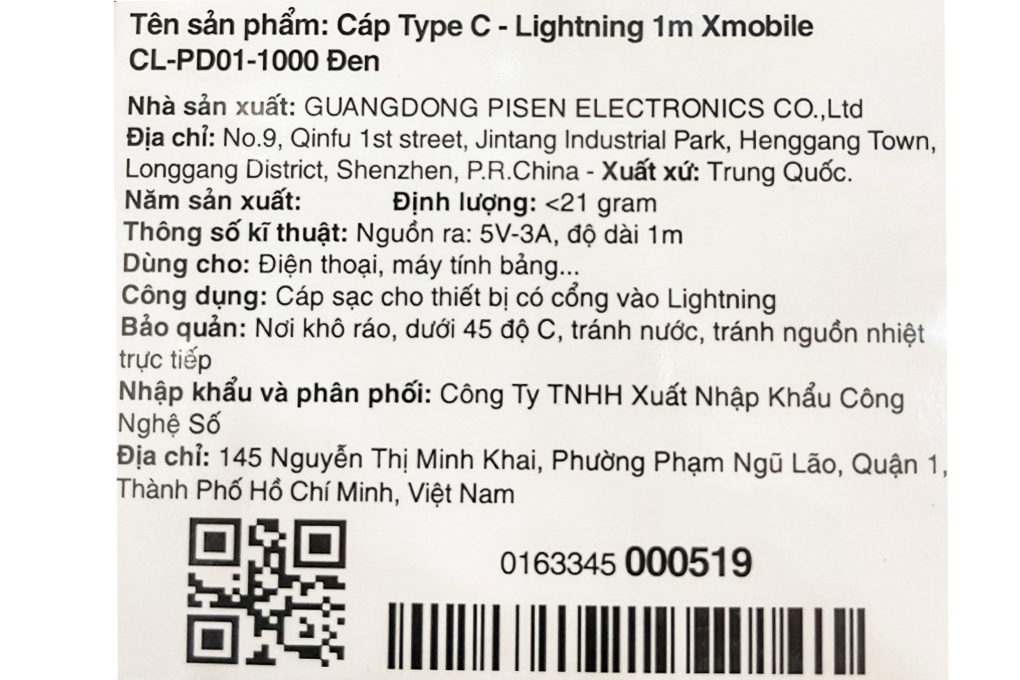 Cáp Type C - Lightning 1m Xmobile CL-PD01-1000 Đen