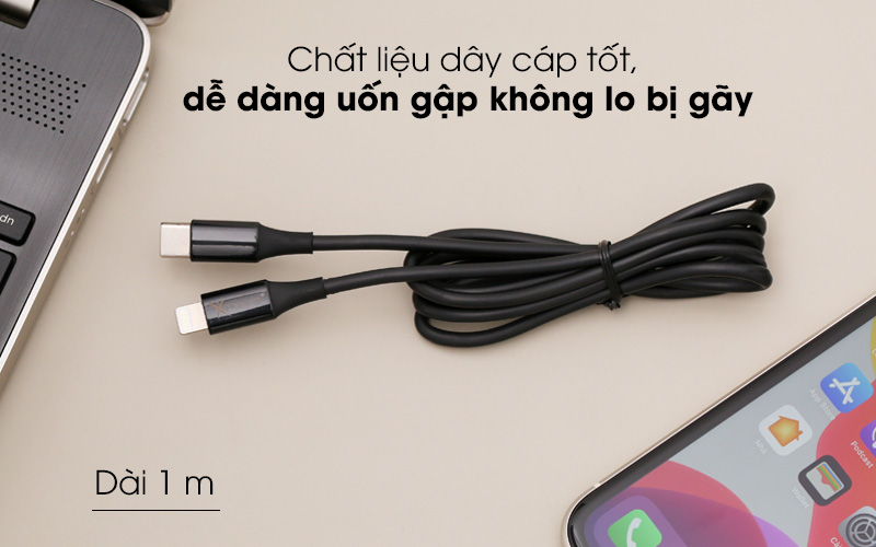 Chất liệu dây cáp tốt, dễ dàng uốn gập không lo bị gãy - Cáp Type C - Lightning 1m Xmobile CL-PD01-1000 Đen Chất liệu dây cáp tốt, dễ dàng uốn gập không lo bị gãy - Cáp Type C - Lightning 1m Xmobile CL-PD01-1000 Đen