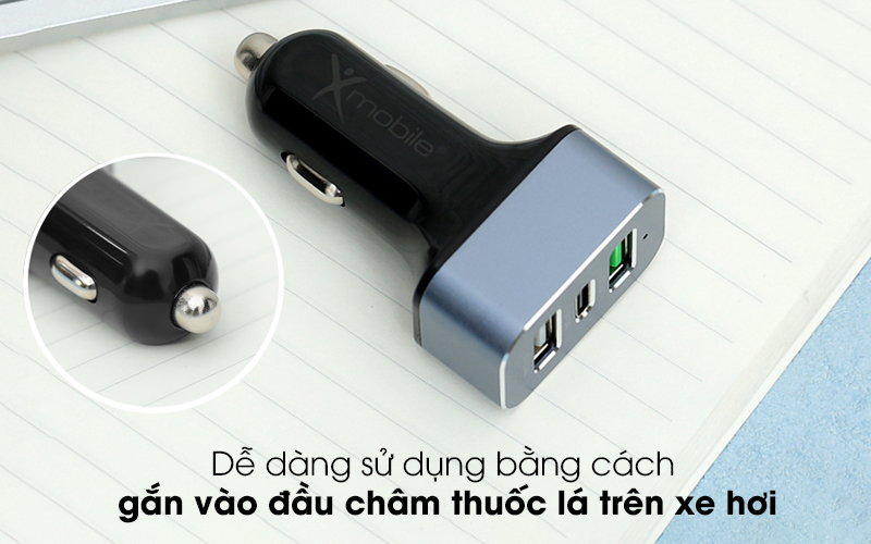 Sử dụng bằng cách gắn vào đầu châm thuốc lá trên xe hơi - Sạc xe hơi 3 cổng Type C QC 3.0 Xmobile SN-155 Đen Xám