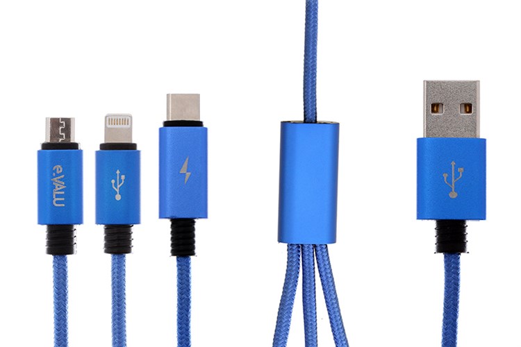 Cáp 3 đầu Lightning Type C Micro 1m eValu Spanker B Xanh Dương Màu Xanh Dương