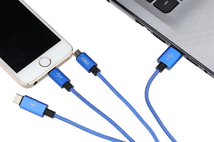 Cáp 3 đầu Lightning Type C Micro 1m eValu Spanker B Xanh Dương Màu Xanh Dương