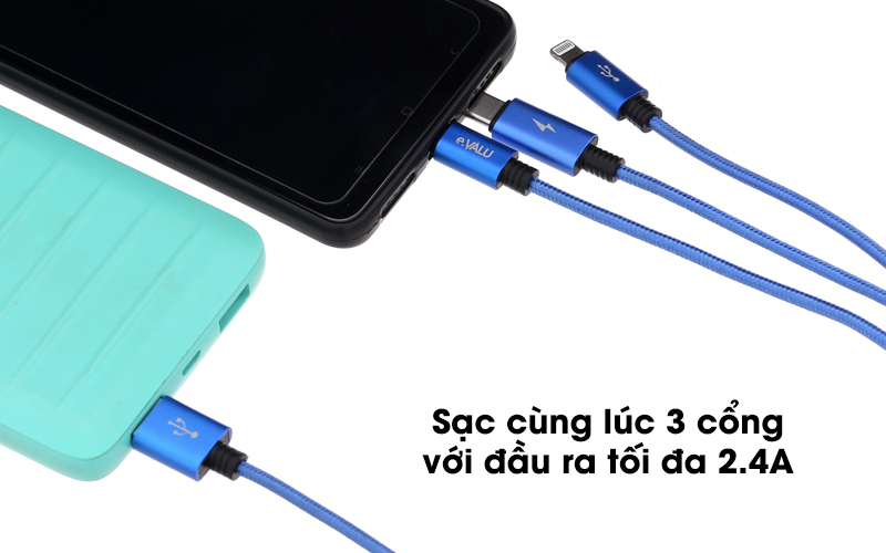 Sạc cùng lúc được 3 cổng với đầu ra tối đa 2.4A - Cáp 3 đầu Lightning Type C Micro 1m eValu Spanker B Xanh Dương Sạc cùng lúc được 3 cổng với đầu ra tối đa 2.4A - Cáp 3 đầu Lightning Type C Micro 1m eValu Spanker B Xanh Dương