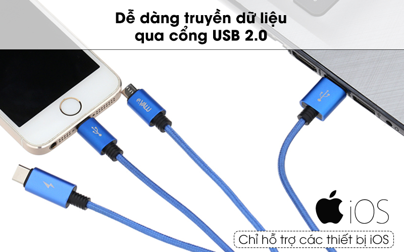 Truyền dữ liệu qua cổng USB 2.0 với đầu cáp Lightning - Cáp 3 đầu Lightning Type C Micro 1m eValu Spanker B Xanh Dương Truyền dữ liệu qua cổng USB 2.0 với đầu cáp Lightning - Cáp 3 đầu Lightning Type C Micro 1m eValu Spanker B Xanh Dương