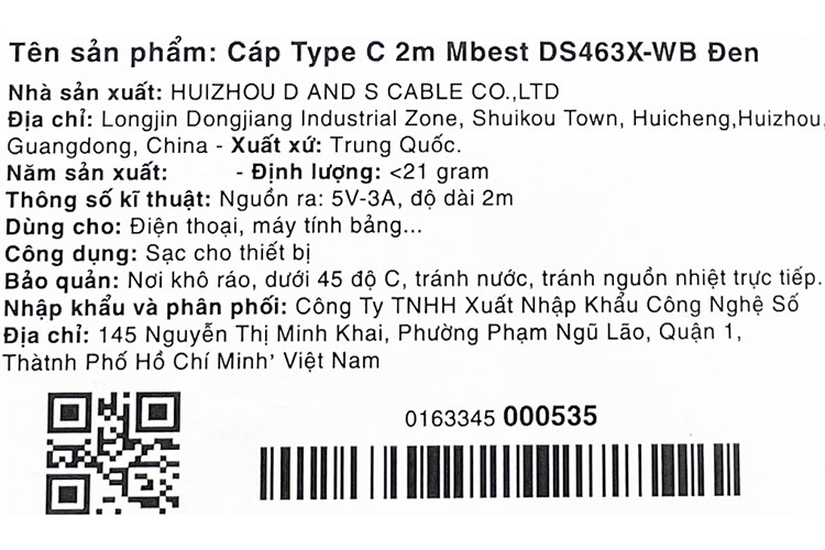 Cáp Type C 2m Mbest DS463X-WB Màu Đen