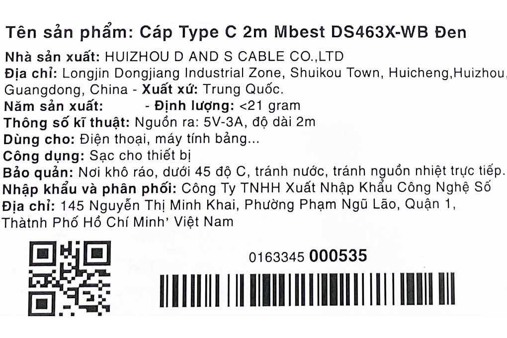 Cáp Type C 2m Mbest DS463X-WB Đen