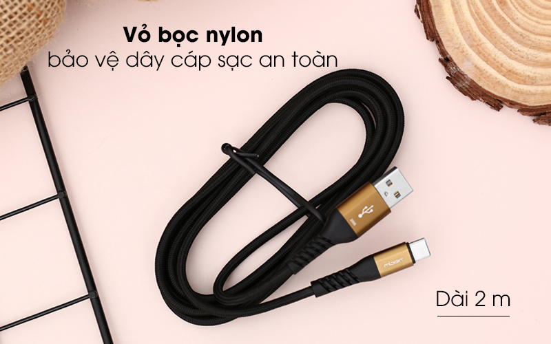 Vỏ bọc nylon bền bỉ, an toàn - Cáp Type C 2m Mbest DS463X-WB Đen