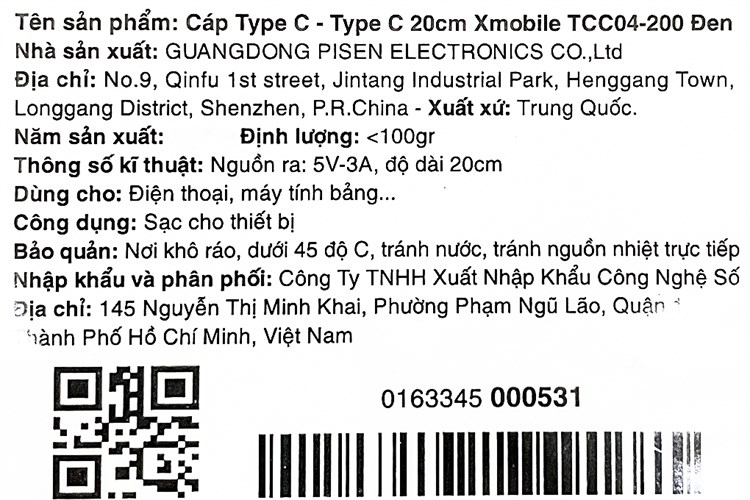 Cáp Type C - Type C 0.2m Xmobile TCC04-200 Màu Đen