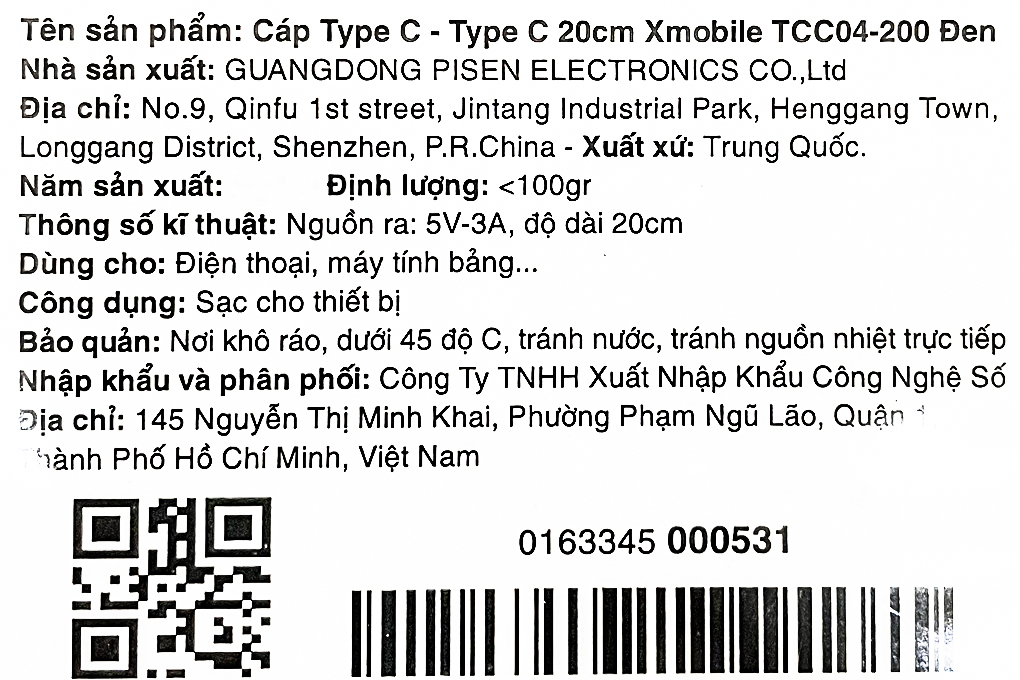 Cáp Type C - Type C 0.2m Xmobile TCC04-200 Màu Đen