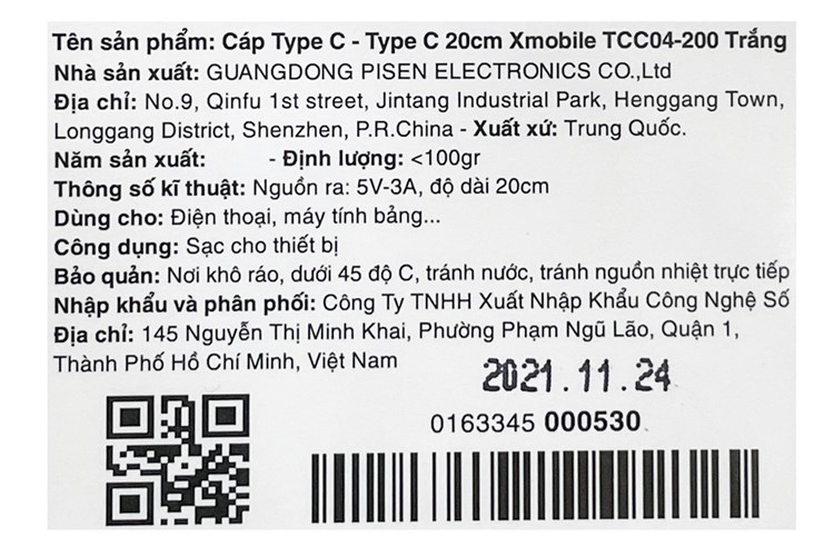 Cáp Type C - Type C 0.2m Xmobile TCC04-200 Màu Trắng