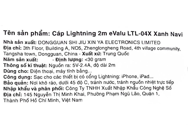 Cáp Lightning 2m eValu LTL-04X Màu Đỏ