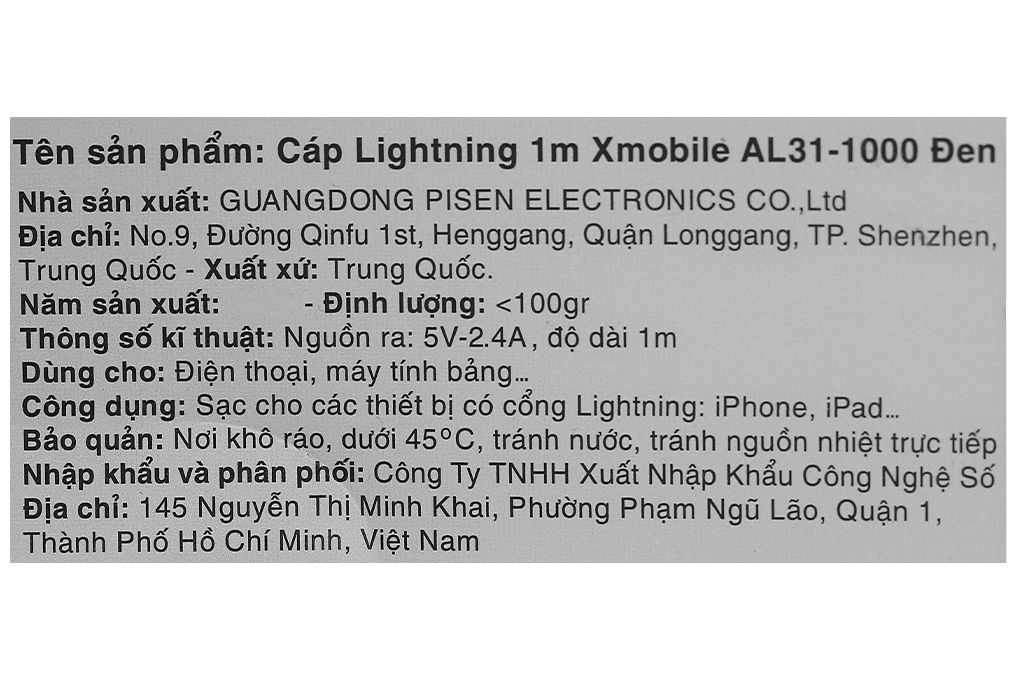 Cáp sạc và truyền dữ liệu USB-A - Lightning 12W 1m Xmobile AL31-1000 Màu Đen