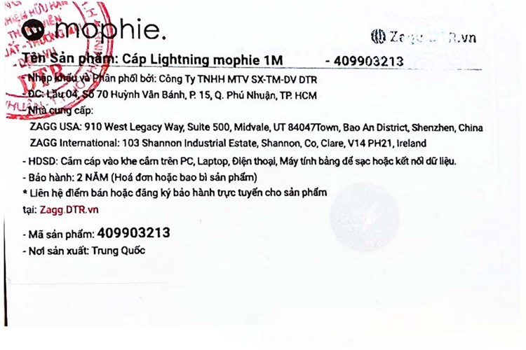 Cáp Lightning MFI 1m Mophie Màu Trắng