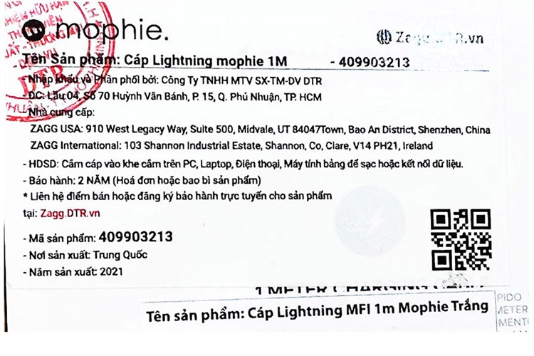 Cáp Lightning MFI 1m Mophie Màu Đen