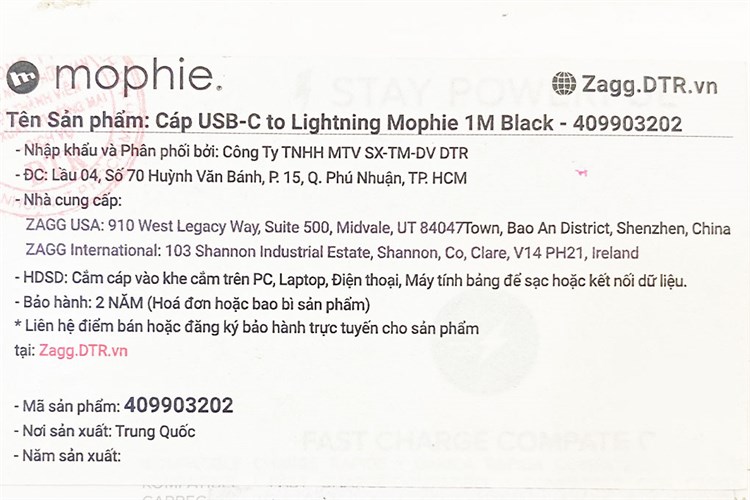 Cáp Type C - Lightning MFI 1m Mophie Màu Trắng