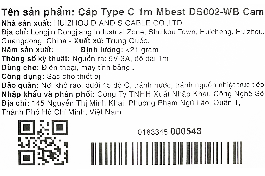 Cáp Type C 1m Mbest DS002-WB Cam