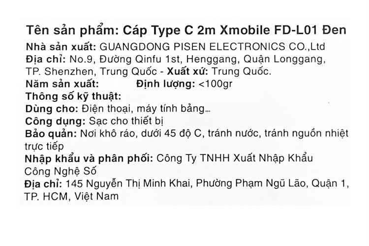 Cáp Type C 2m Xmobile FD-L01 Màu Đen