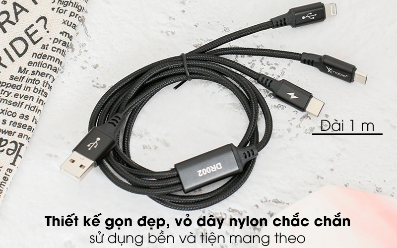 Cáp 3 đầu Lightning Type C Micro 1m Xmobile DR002 Đen - Thiết kế tinh tế, chắc chắn