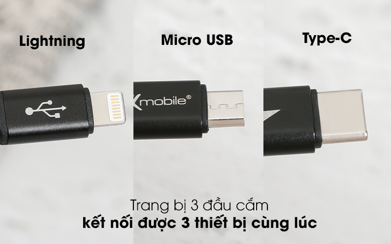 Cáp 3 đầu Lightning Type C Micro 1m Xmobile DR002 Đen - Với 3 đầu cắm khác nhau cho khả năng kết nối 3 thiết bị đồng thời
