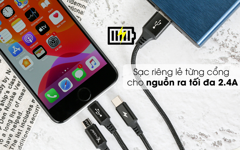 Cáp 3 đầu Lightning Type C Micro 1m Xmobile DR002 Đen - Sạc nhanh riêng lẻ với dòng sạc tối đa 2.4A