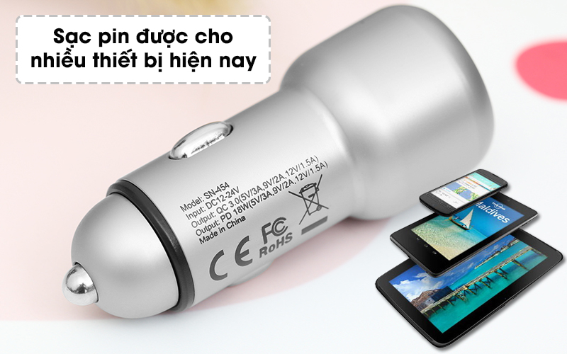 Sạc xe hơi 2 cổng Type C PD 18W QC 3.0 Xmobile SN-454 Bạc - Sạc được cho các thiết bị phổ biến