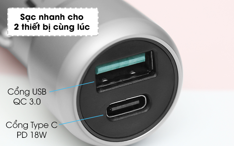 Sạc xe hơi 2 cổng Type C PD 18W QC 3.0 Xmobile SN-454 Bạc - Tốc độ sạc nhanh với 2 cổng sạc USB và Type C