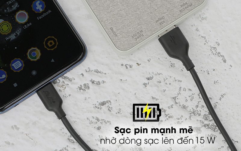 Cáp Type C 1m AVA DS447X-WB Đen - Sạc pin đầy trong thời gian ngắn với nguồn sạc đầu ra 5V - 3A 