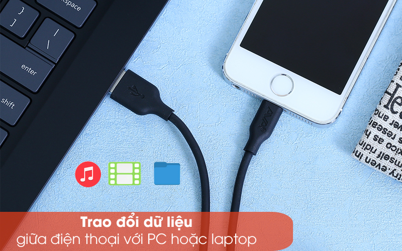 Truyền tải dữ liệu nhanh, ổn định - Cáp Lightning 1m AVA DR-L02 Đen Truyền tải dữ liệu nhanh, ổn định - Cáp Lightning 1m AVA DR-L02 Đen