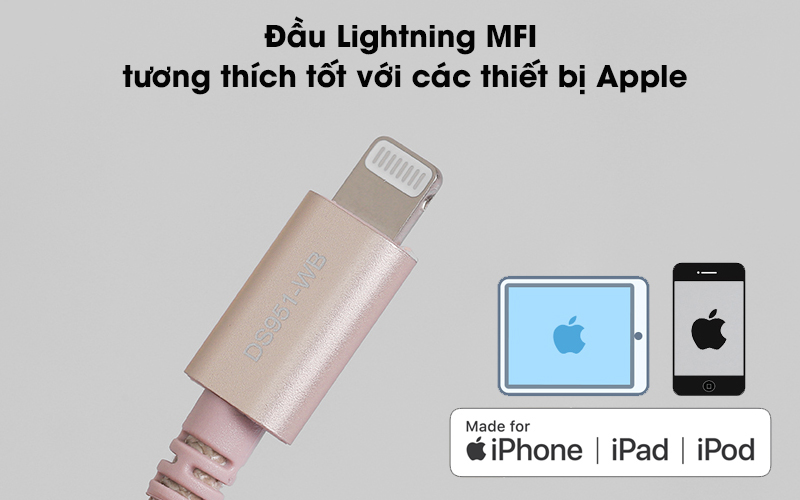 Cáp Lightning MFI 2m Mbest DS951-WB Gold - Đầu ra cổng Lightning