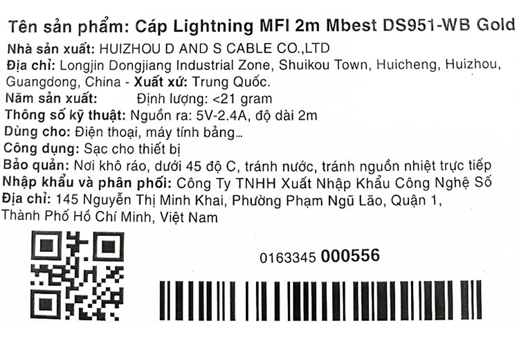 Cáp sạc và truyền dữ liệu USB-A - Lightning 12W 2m Mbest DS951-WB Màu Vàng đồng