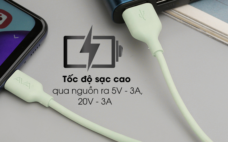 Cáp Type C 1m AVA DS449-TB Xanh lá - Nguồn ra 5V – 3A, 20V - 3A cho tốc độ sạc cao Cáp Type C 1m AVA DS449-TB Xanh lá - Nguồn ra 5V – 3A, 20V - 3A cho tốc độ sạc cao