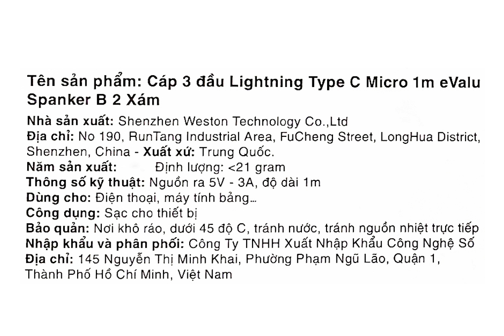 Cáp sạc và truyền dữ liệu 3 đầu USB-A - Type-C Lightning Micro USB 15W 1m eValu Spanker B 2 Màu Xám