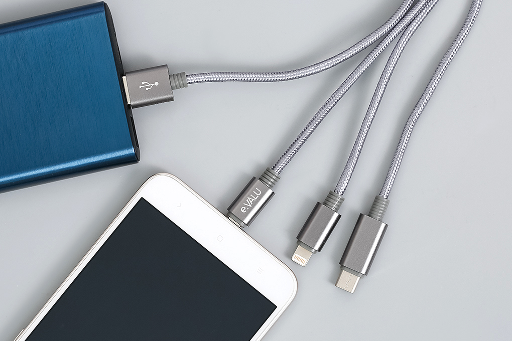 Cáp sạc và truyền dữ liệu 3 đầu USB-A - Type-C Lightning Micro USB 15W 1m eValu Spanker B 2 Màu Xám