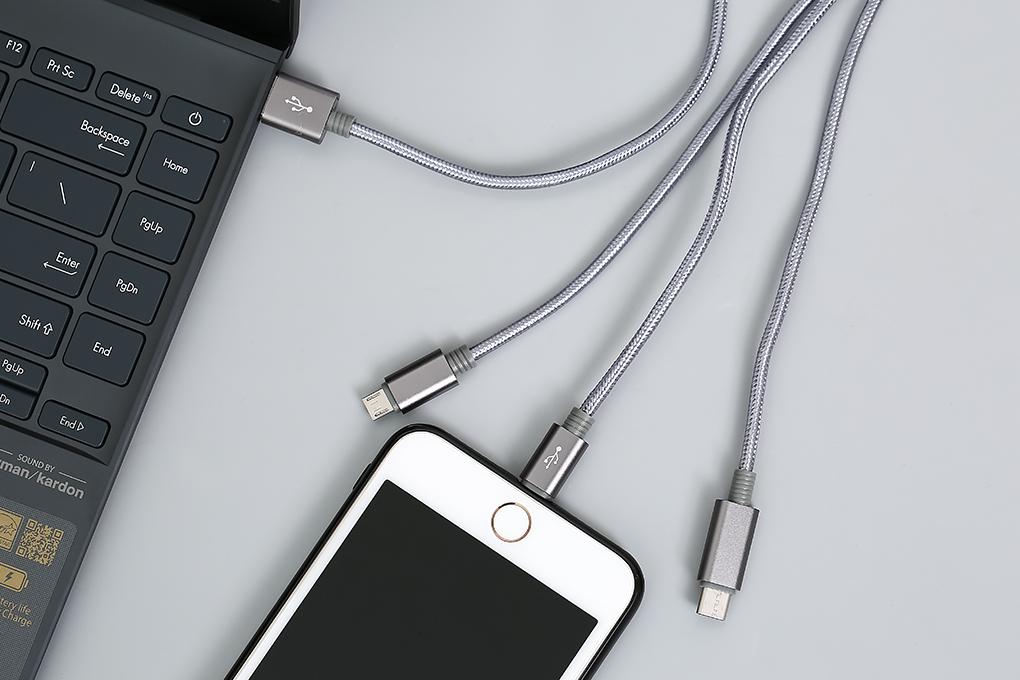 Cáp sạc và truyền dữ liệu 3 đầu USB-A - Type-C Lightning Micro USB 15W 1m eValu Spanker B 2 Màu Xám