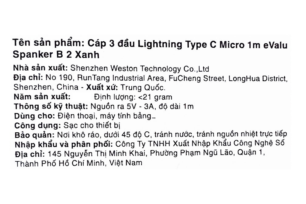 Cáp sạc và truyền dữ liệu 3 đầu USB-A - Type-C Lightning Micro USB 15W 1m eValu Spanker B 2 - 17