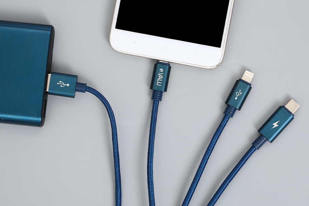 Cáp sạc và truyền dữ liệu 3 đầu USB-A - Type-C Lightning Micro USB 15W 1m eValu Spanker B 2 Màu Xanh dương đậm