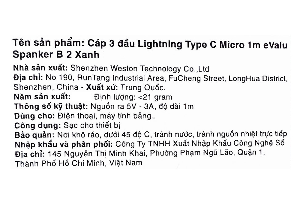Cáp sạc và truyền dữ liệu 3 đầu USB-A - Type-C Lightning Micro USB 15W 1m eValu Spanker B 2 Màu Xanh dương đậm