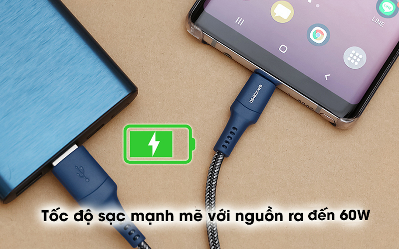 Cáp Type C 1m Mbest DS462X - Có tốc độ sạc mạnh mẽ với dòng điện 60W