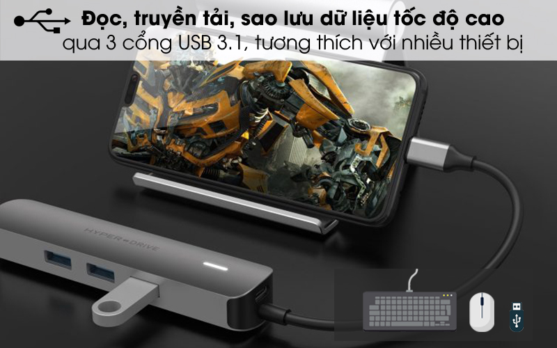 3 cổng USB 3.1 - Adapter chuyển đổi USB C 6 in 1 HyperDrive HD233B Xám 3 cổng USB 3.1 - Adapter chuyển đổi USB C 6 in 1 HyperDrive HD233B Xám