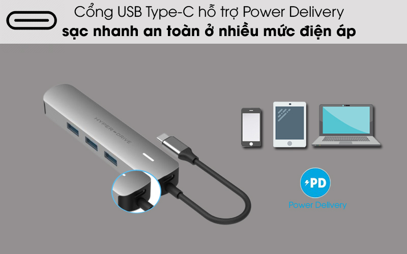 Cổng USB-C - Adapter chuyển đổi USB C 6 in 1 HyperDrive HD233B Xám Cổng USB-C - Adapter chuyển đổi USB C 6 in 1 HyperDrive HD233B Xám