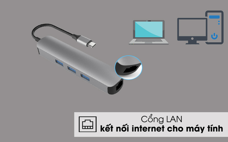 Cổng LAN - Adapter chuyển đổi USB C 6 in 1 HyperDrive HD233B Xám Cổng LAN - Adapter chuyển đổi USB C 6 in 1 HyperDrive HD233B Xám