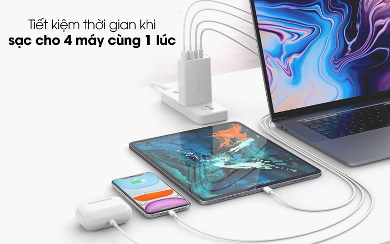 Adapter sạc 4 cổng USB Type C PD 100W HyperJuice HJ-GAN100 Trắng - Có thể nạp pin cho 4 máy 